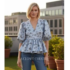 GANNI Metallic Printed Wrap Blouse Medium Blue NEW